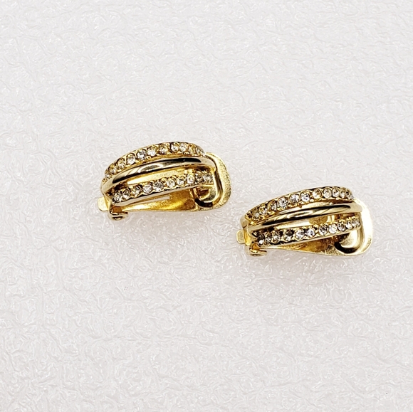 Clip On Encrusted Rhinestone Gold Hoops - Picture 2 of 7